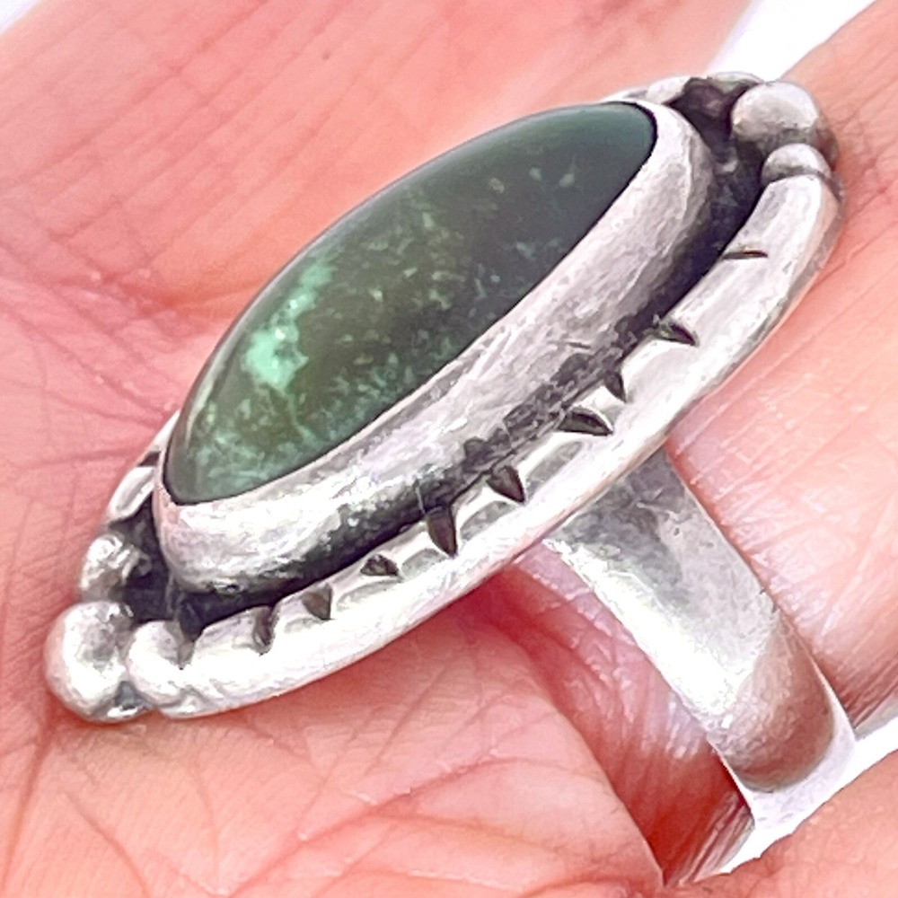 VTG Navajo Royston Turquoise Ring Sz 8 Long Stamped Sterling Silver 10g 1960 70s - Picture 3 of 5